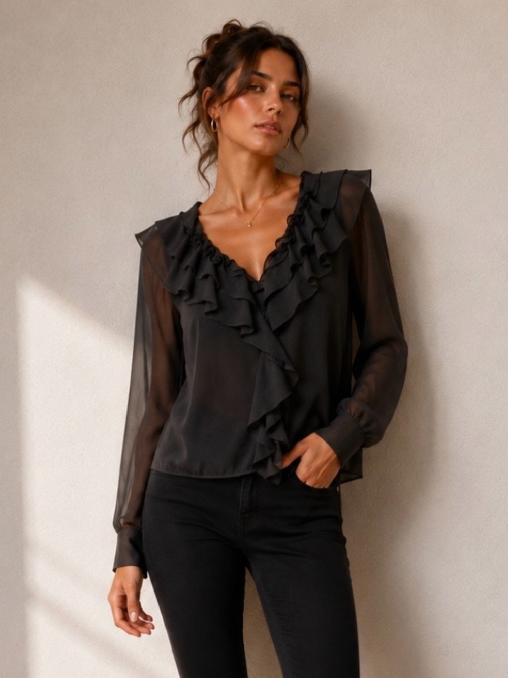 VOYAGE PASSION black georgette ruffle blouse/top. NWOT